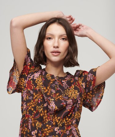 Printed Short Sleeve Tiered Midi Dress Image 3