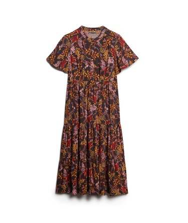 Printed Short Sleeve Tiered Midi Dress Image 6