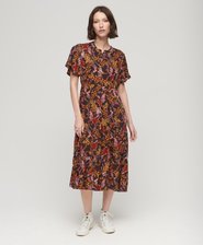 Printed Short Sleeve Tiered Midi Dress