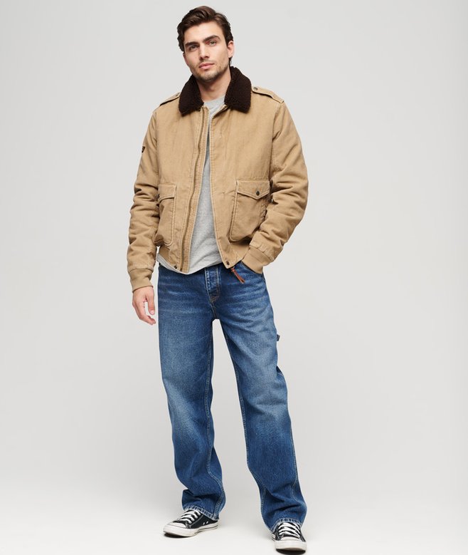 mens 70s Corduroy Borg Collar Bomber Jacket in Classic Tan