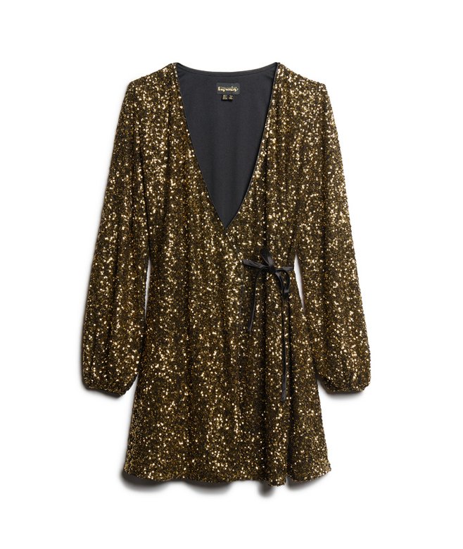 womens Sequin Wrap Mini Dress in Gold Mega Sequin | Superdry UK