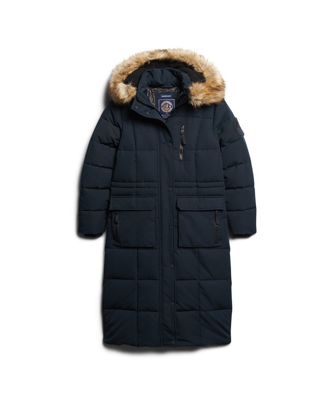 womens Longline Faux Fur Everest Coat in Eclipse Navy Superdry UK