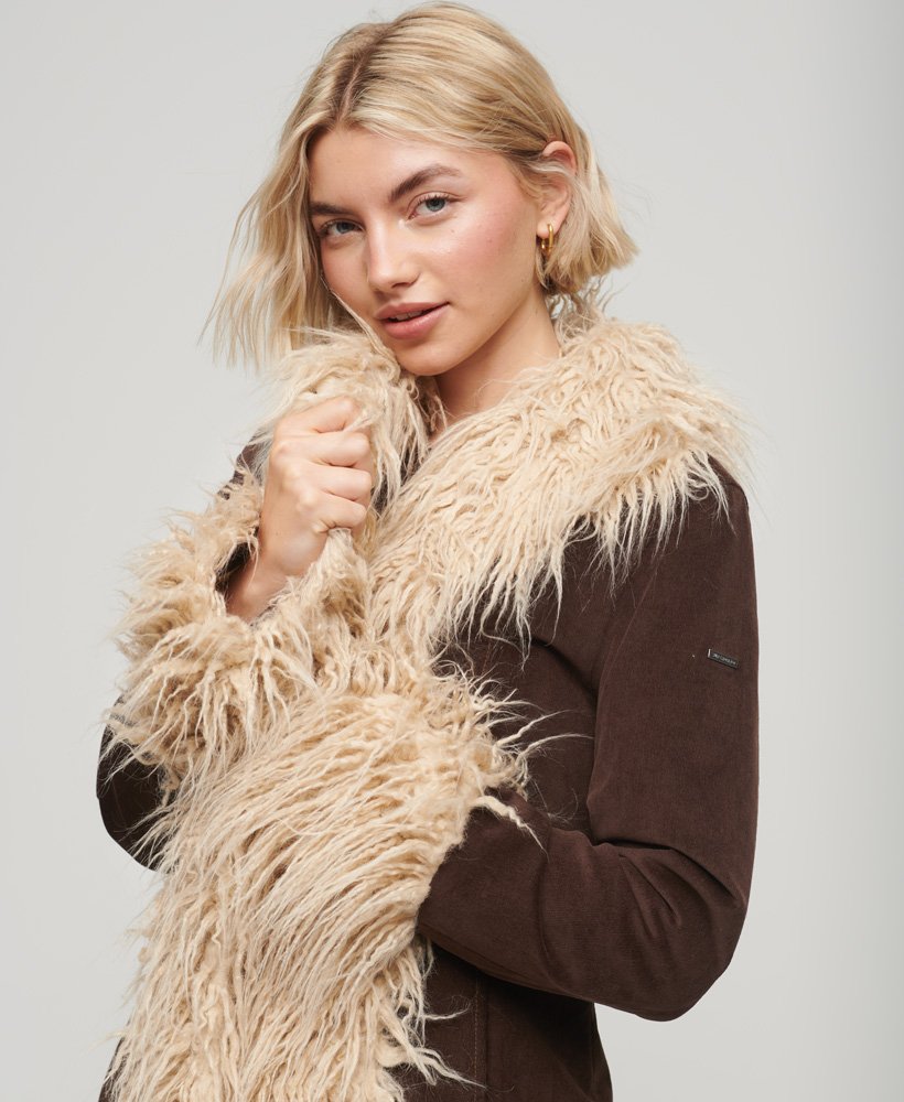womens Faux Fur Lined Longline Afghan Coat in Coffee Bean Brown