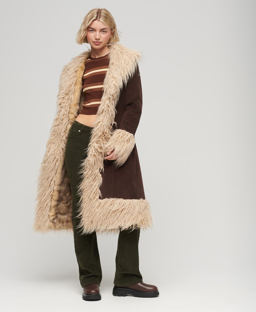 womens Faux Fur Lined Longline Afghan Coat in Coffee Bean Brown