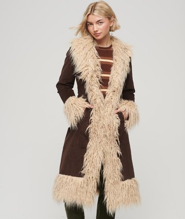 Faux Fur Lined Longline Afghan Coat Image 1