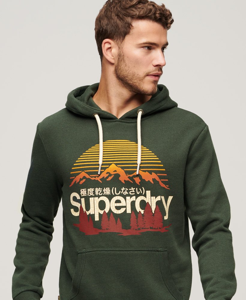 mens Great Outdoors Logo Print Hoodie in Campus Green Grit | Superdry US