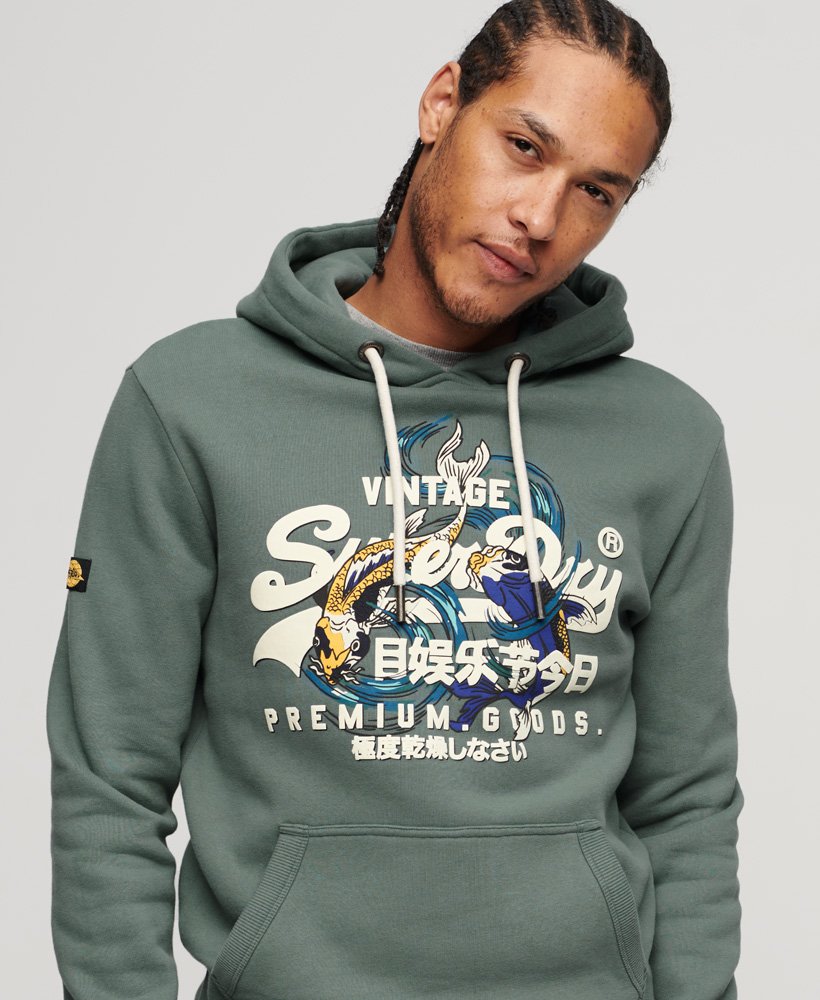 mens Japanese Vintage Logo Graphic Hoodie in Goblin Blue | Superdry US