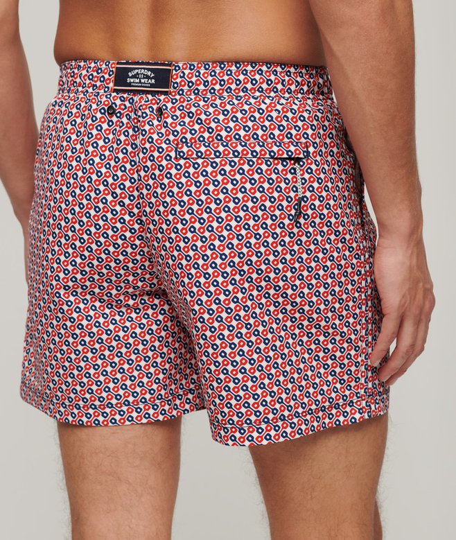 mens Printed 15-inch Recycled Swim Shorts in Tricolour Geo Print
