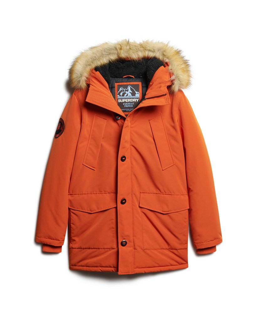 mens Everest Faux Fur Hooded Parka Coat in Pureed Pumpkin Orange
