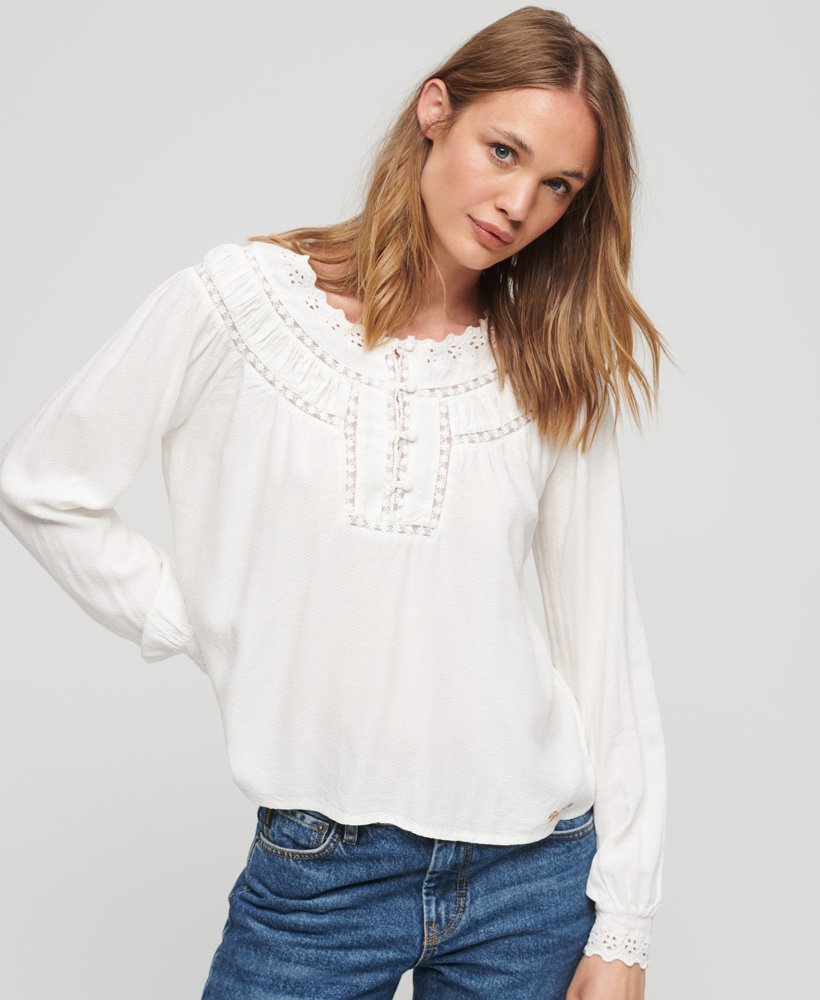 womens Lace Trim Woven Top in ECRU | Superdry US