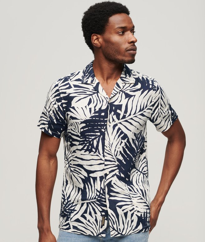 Open Collar Printed Linen Shirt