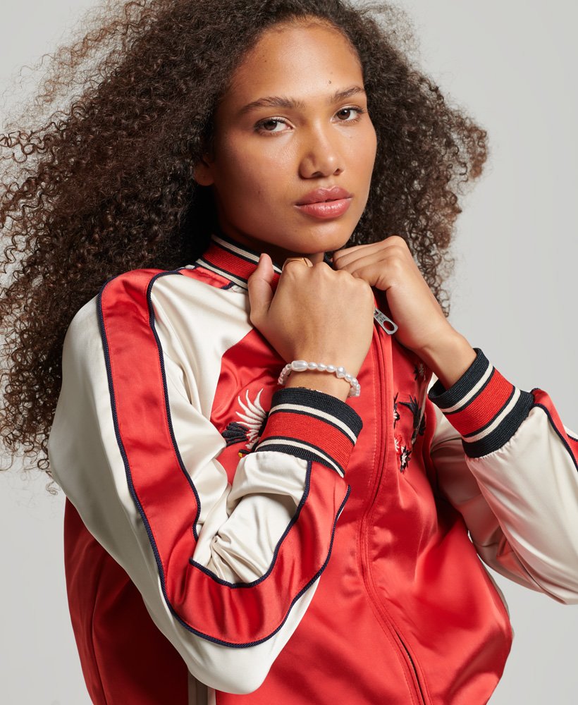 womens Vintage Embroidered Sukajan Jacket in SODA POP RED