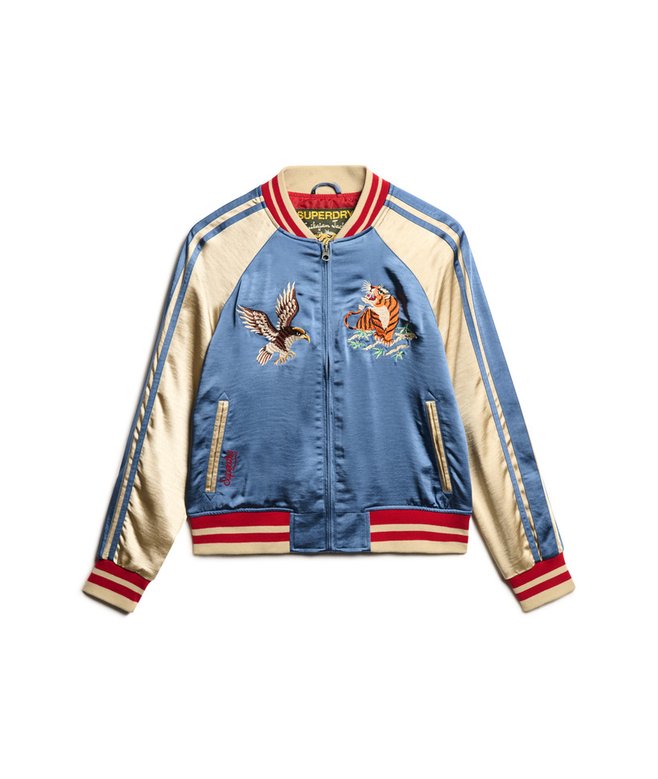 womens Sukajan Embroidered Bomber Jacket in Wedgewood Blue