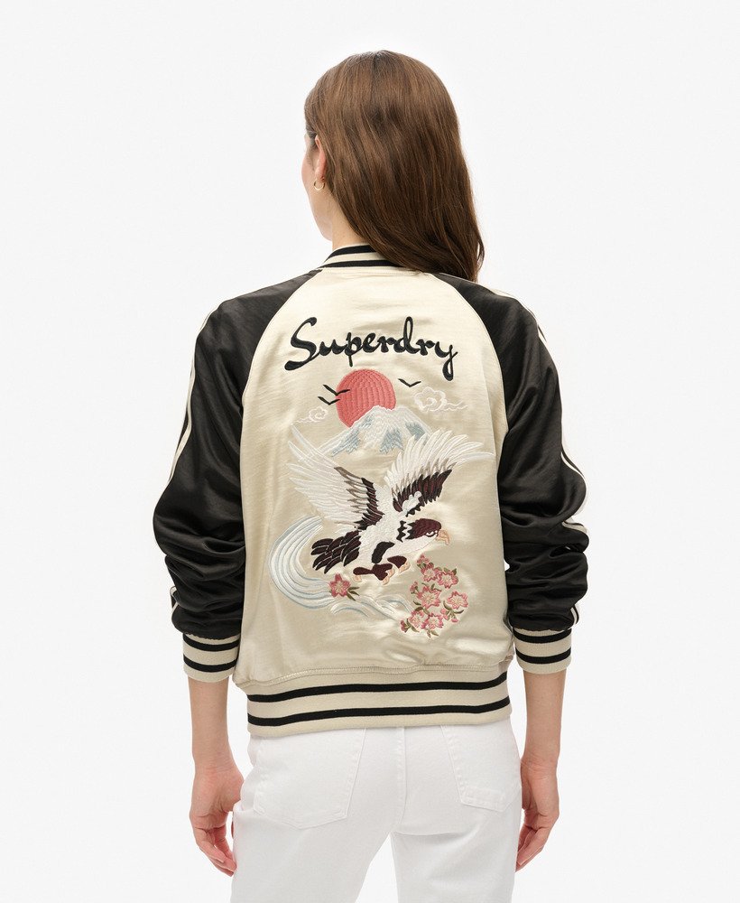 womens Sukajan Embroidered Bomber Jacket in Sandshell Beige