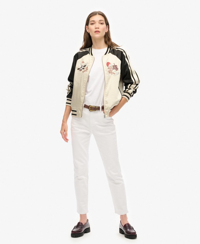 womens Sukajan Embroidered Bomber Jacket in Sandshell Beige