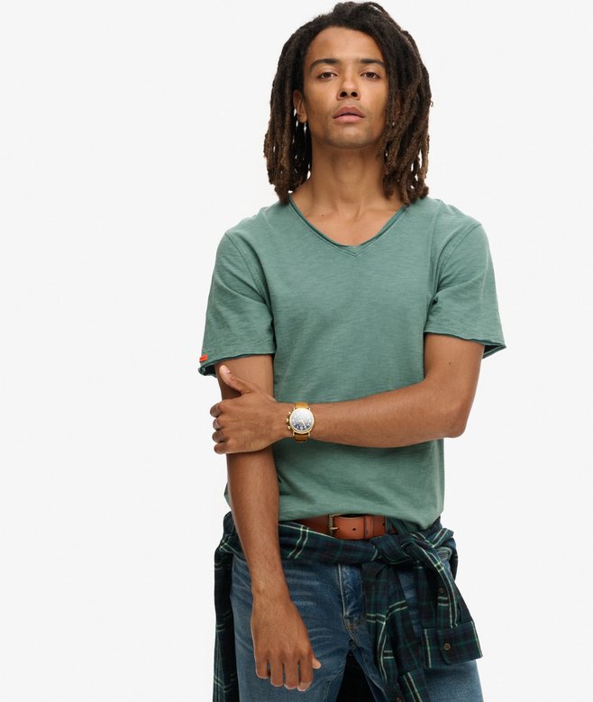 mens Raw Edge Slub V-Neck T-Shirt in Drius Green | Superdry UK
