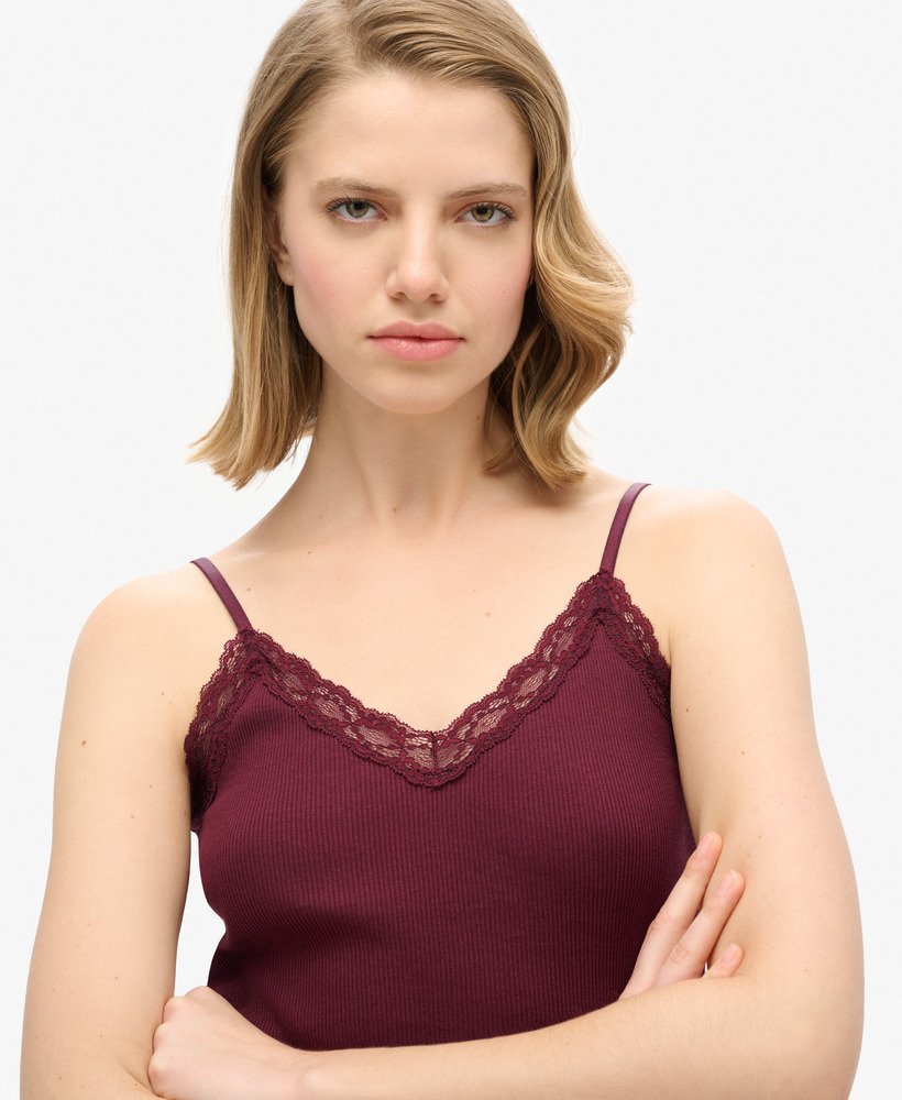 womens Athletic Essential Lace Trim Cami Top in Port Red | Superdry US