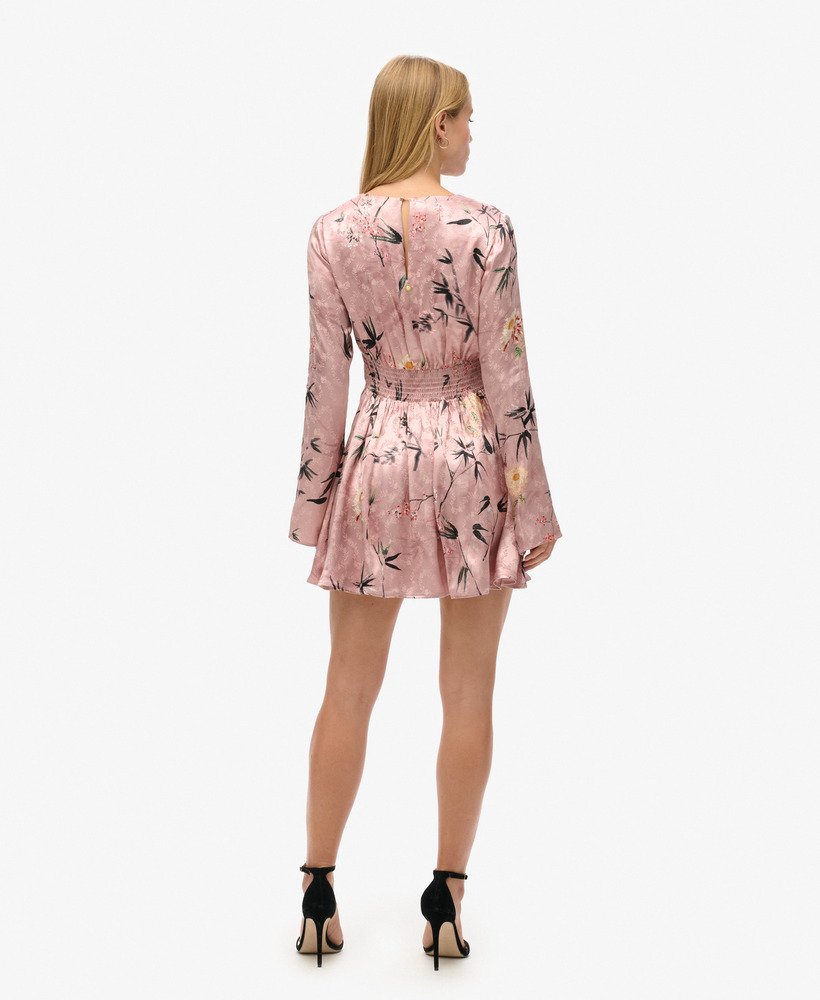 womens Flare Sleeve Jacquard Mini Dress in Blush Floral Japanese