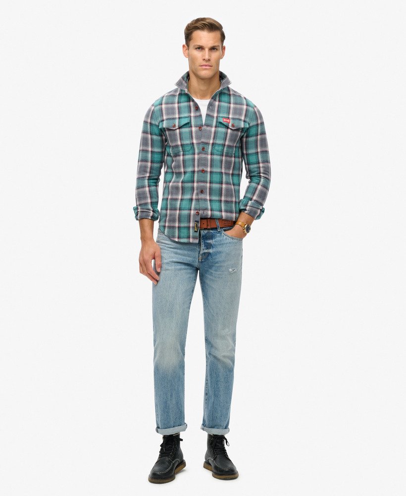 mens Organic Cotton Worker Check Shirt in Yosemite Check Blue