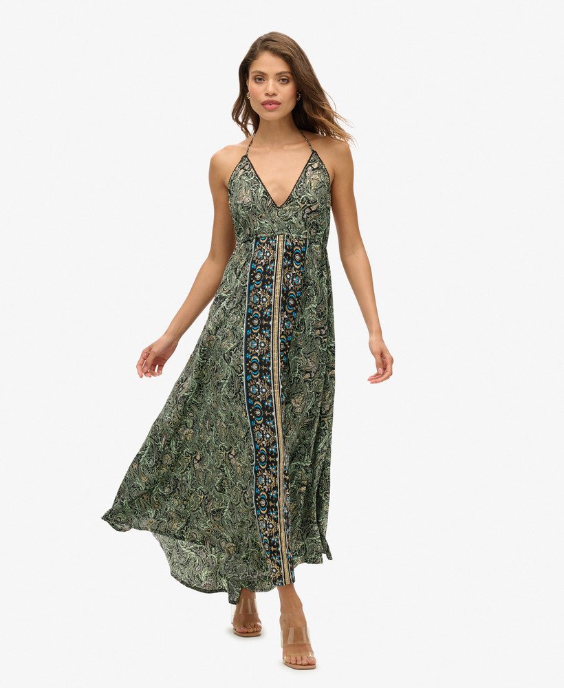 womens Paisley Print Maxi Dress in Green Leaf Paisley