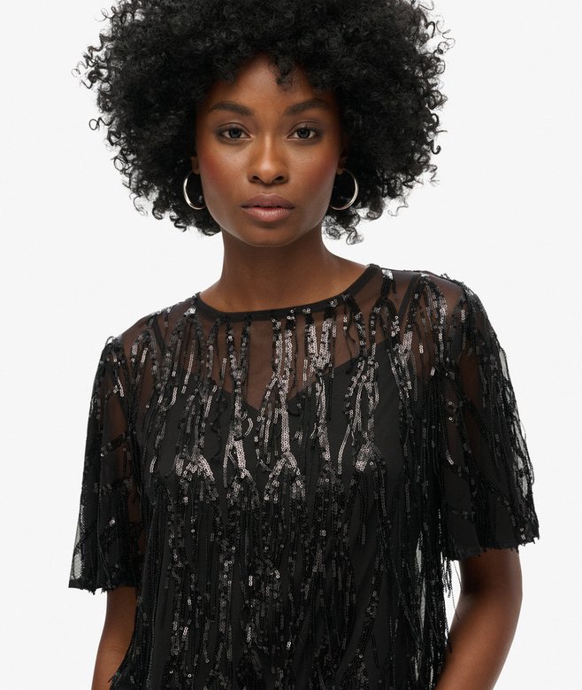 Sheer Short Sleeve Sequin Top