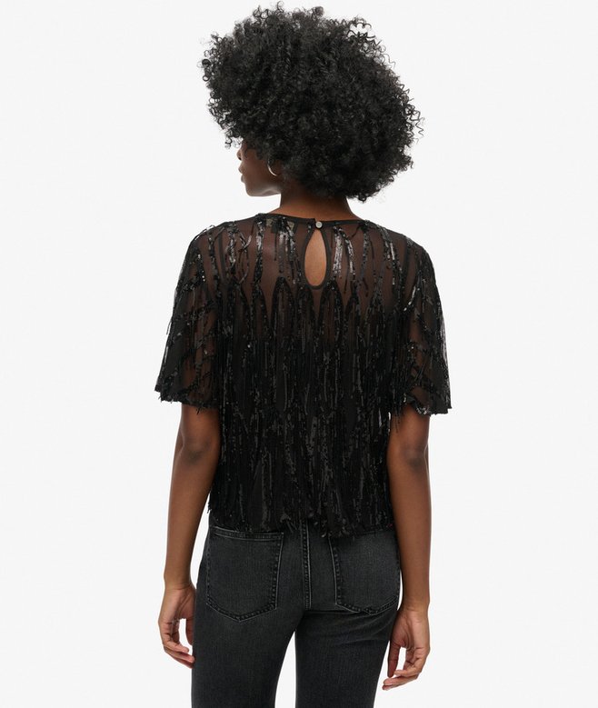 Sheer Short Sleeve Sequin Top