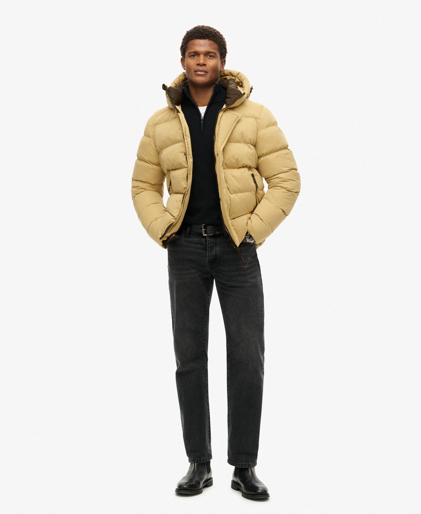 mens Hooded Microfibre Sport Puffer Jacket in Rock Stone | Superdry US