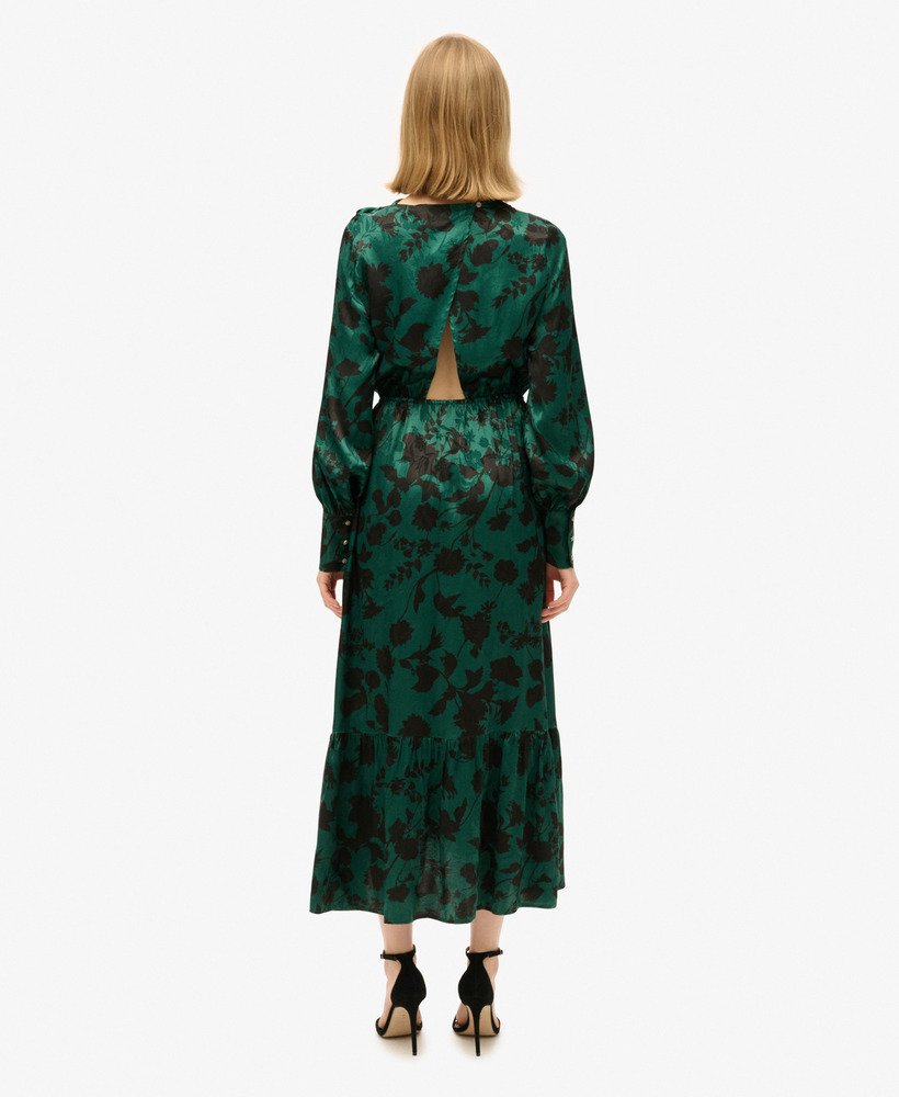 womens Maxi Cowl Neck Jacquard Dress in Sketch Floral Silhouette