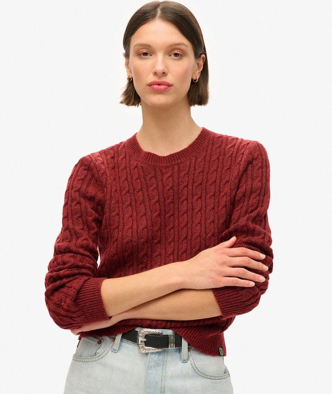 womens Fitted Cable Crew Neck Jumper in Claret Red Superdry UK
