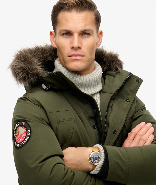 mens Everest Faux Fur Parka Jacket in Army Khaki Green | Superdry US