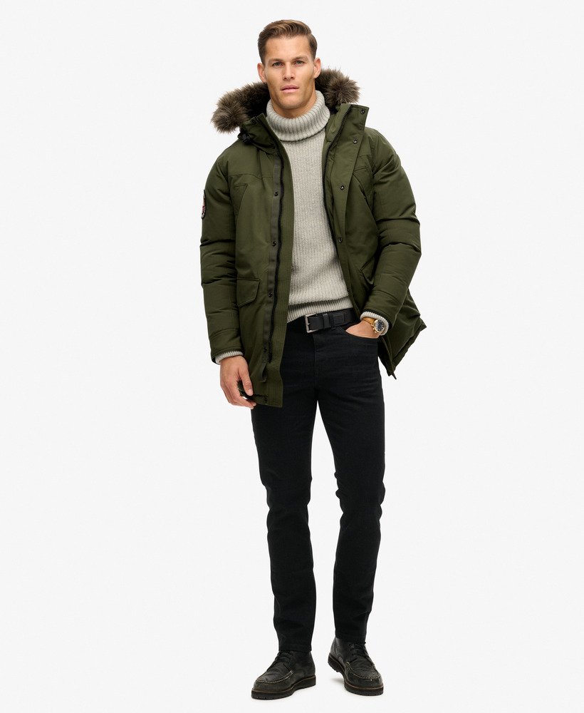 mens Everest Faux Fur Parka Jacket in Army Khaki Green | Superdry US