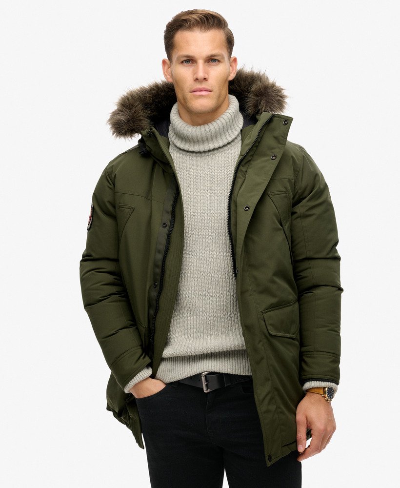 mens Everest Faux Fur Parka Jacket in Army Khaki Green | Superdry US