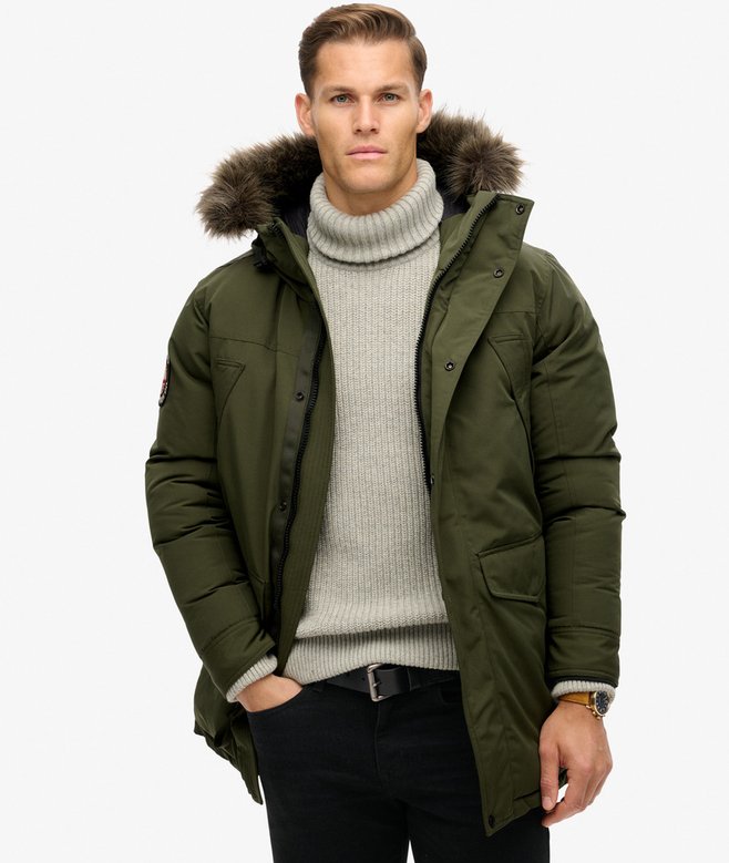 mens Everest Faux Fur Parka Jacket in Army Khaki Green Superdry UK
