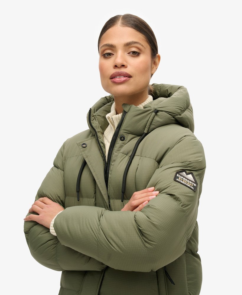 womens Rip-Stop Longline Puffer Coat in Dusty Olive Green Grid