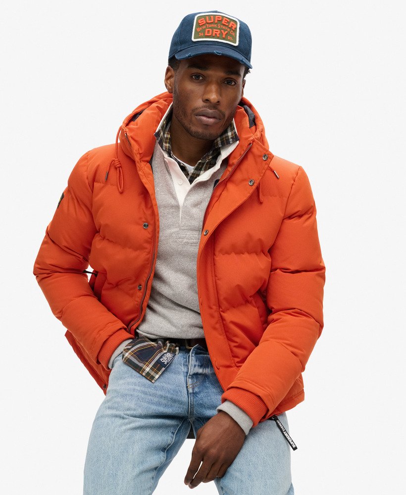 orange puffer jacket with hood