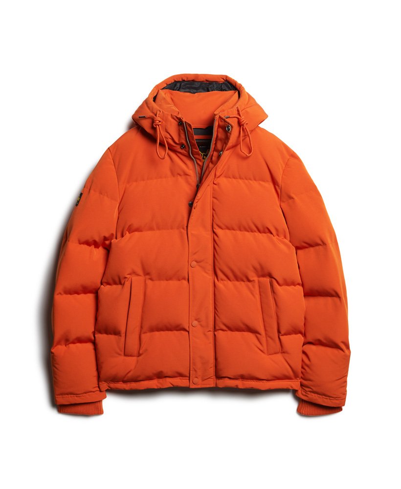 mens Everest Short Hooded Puffer Jacket in Pureed Pumpkin Orange
