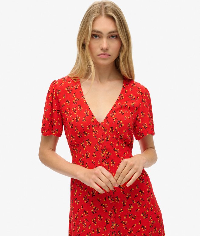 Printed Button-up Short Sleeve Midi Tea Dress