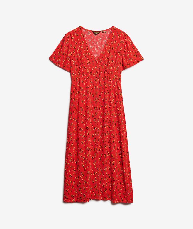 Printed Button-up Short Sleeve Midi Tea Dress