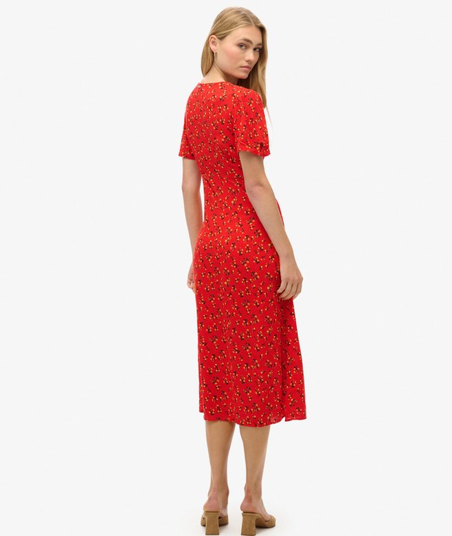 Printed Button-up Short Sleeve Midi Tea Dress