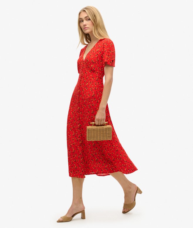 Printed Button-up Short Sleeve Midi Tea Dress