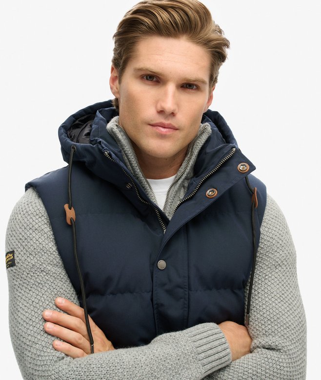 mens Everest Hooded Puffer Gilet in Nordic Chrome Navy | Superdry UK