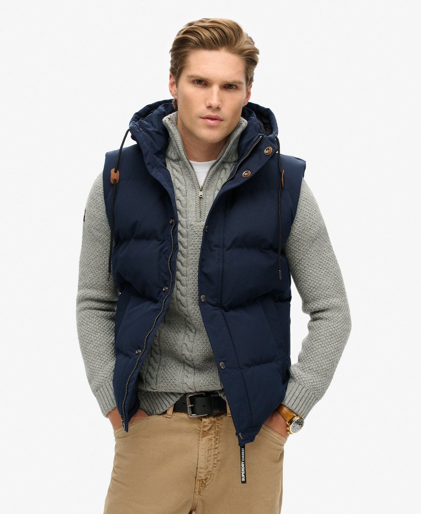 mens Everest Hooded Puffer Gilet in Nordic Chrome Navy | Superdry UK