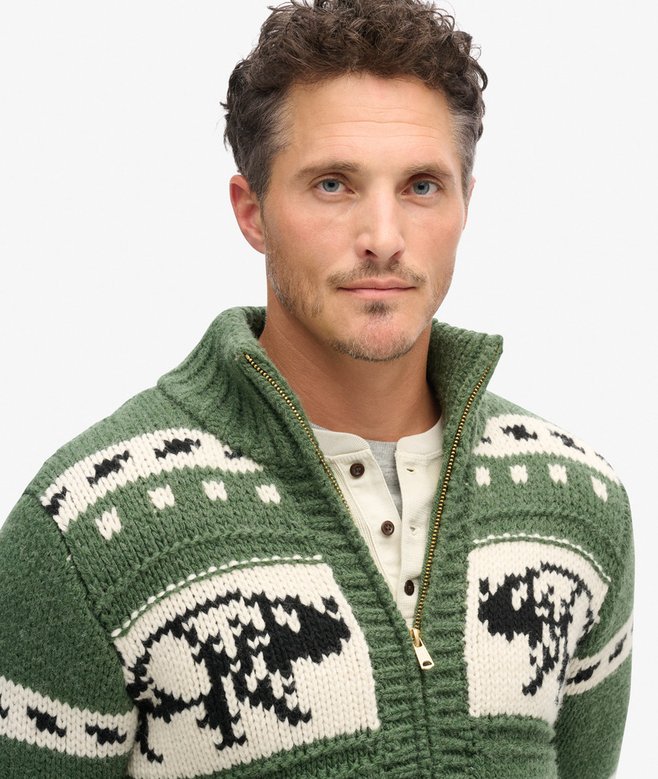 Chunky Knit Patterned Zip Through Cardigan
