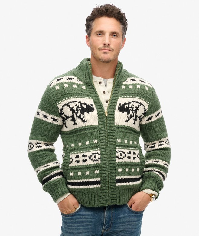Chunky Knit Patterned Zip Through Cardigan