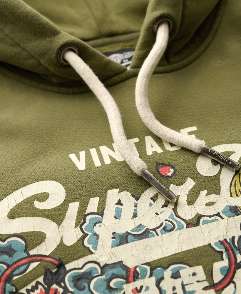 mens Tokyo Vintage Logo Graphic Hoodie in Soft Moss Green