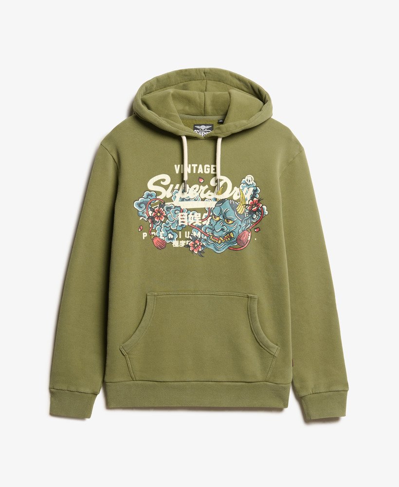 mens Tokyo Vintage Logo Graphic Hoodie in Soft Moss Green