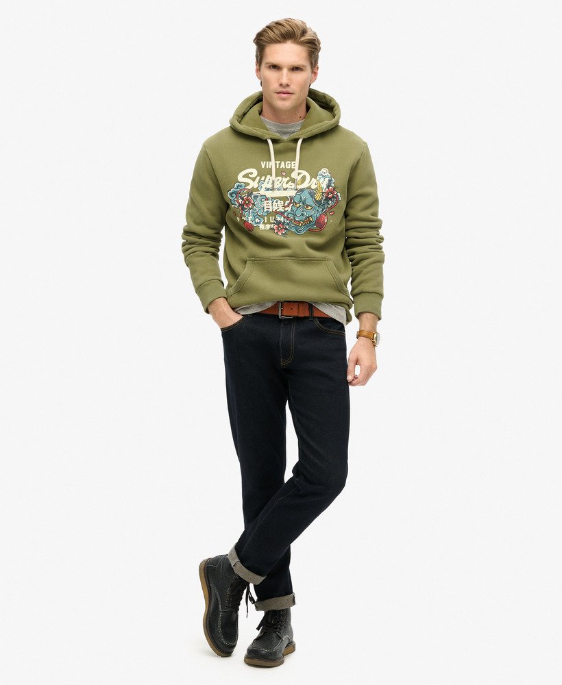 mens Tokyo Vintage Logo Graphic Hoodie in Soft Moss Green