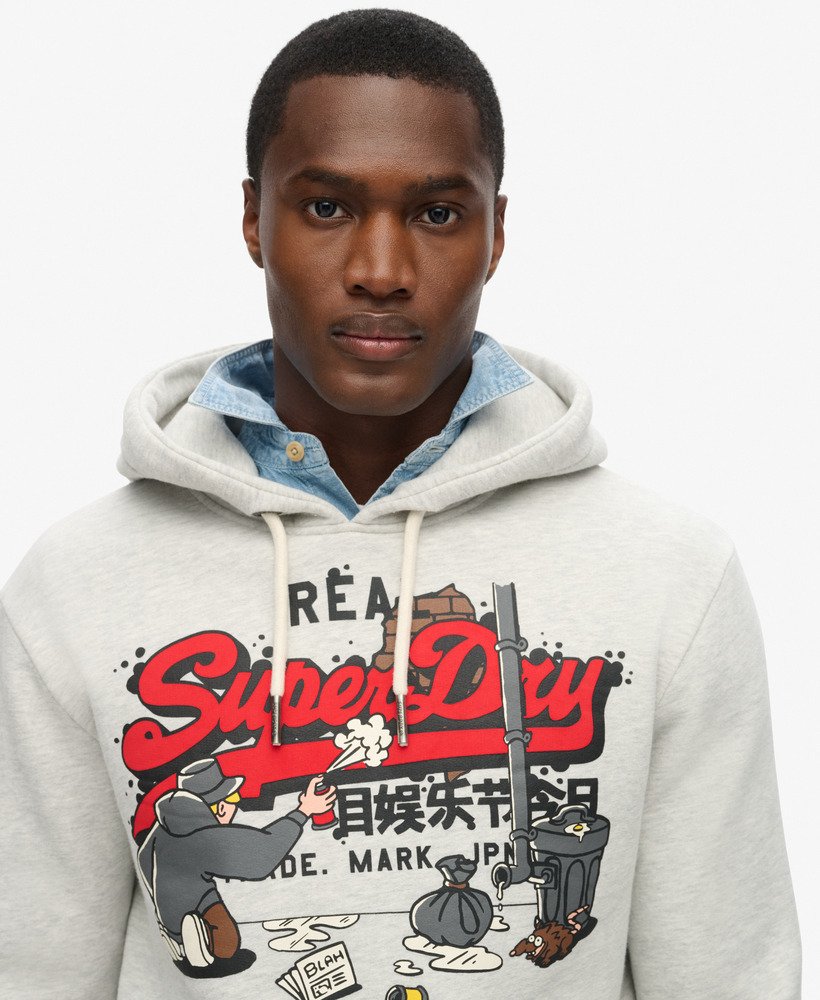 mens New York Vintage Logo Graphic Hoodie in Glacier Grey Marl
