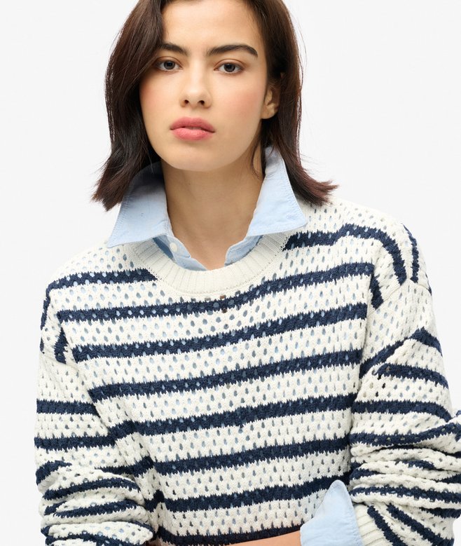 Stripe Crochet Cropped Crew Jumper