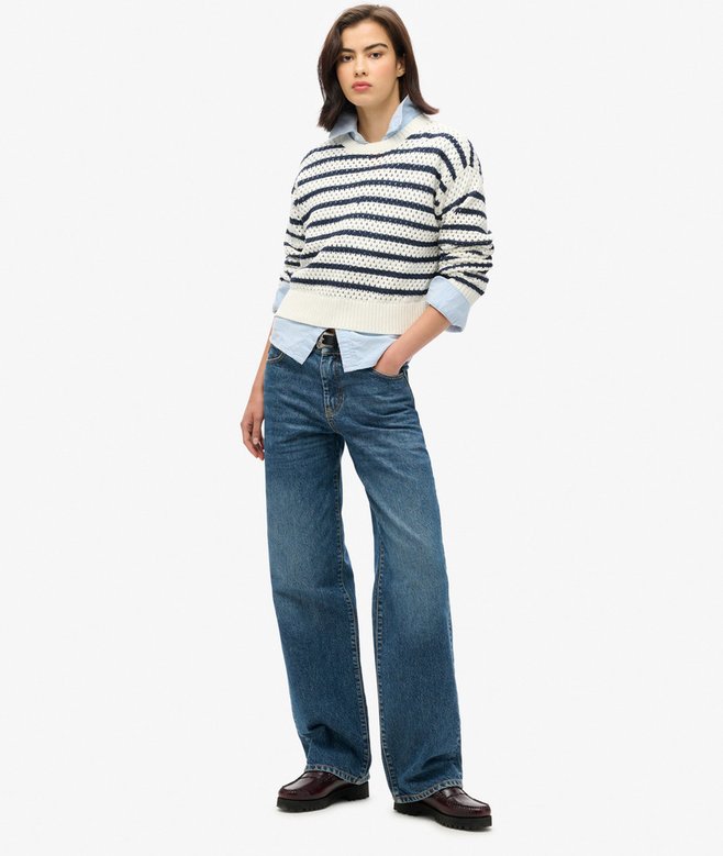 Stripe Crochet Cropped Crew Jumper